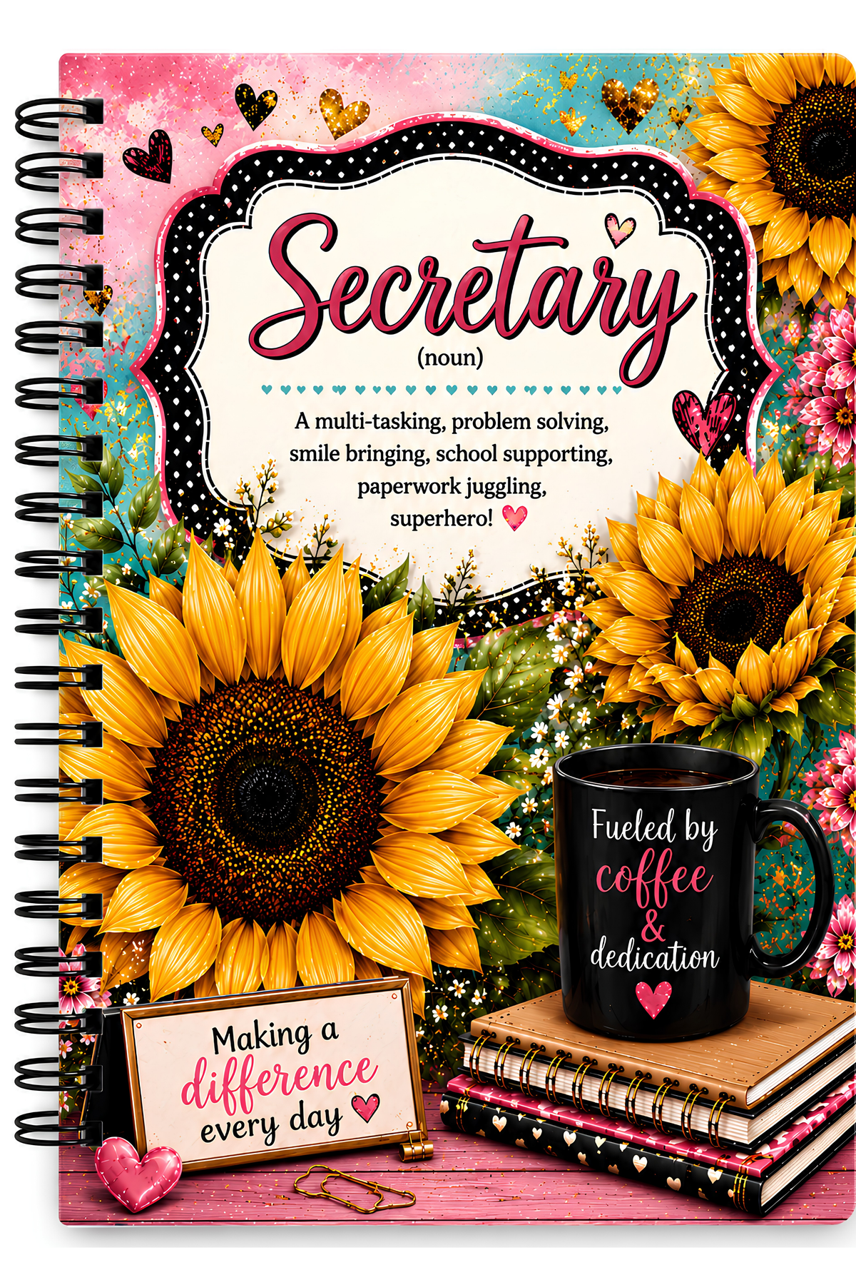 Sunflowers & Coffee Spiral Bound Journal — 'Secretary' Floral Notebook