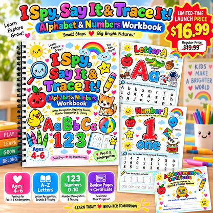 Spy, Say It & Trace It! Alphabet & Numbers Workbook | Ages 4–6