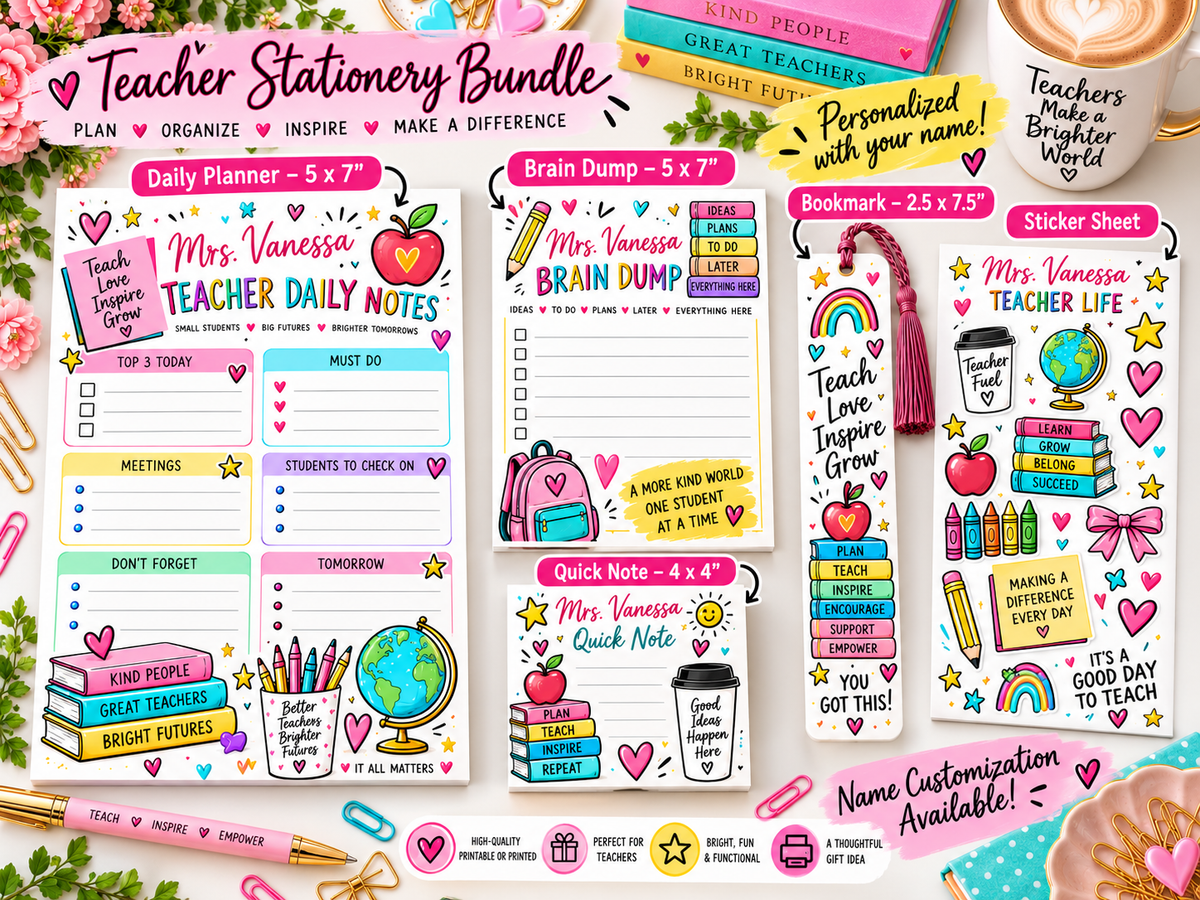 Personalized Teacher Stationery Bundle – Planner, Notes, Bookmark & Stickers