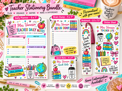 Personalized Teacher Stationery Bundle – Planner, Notes, Bookmark & Stickers