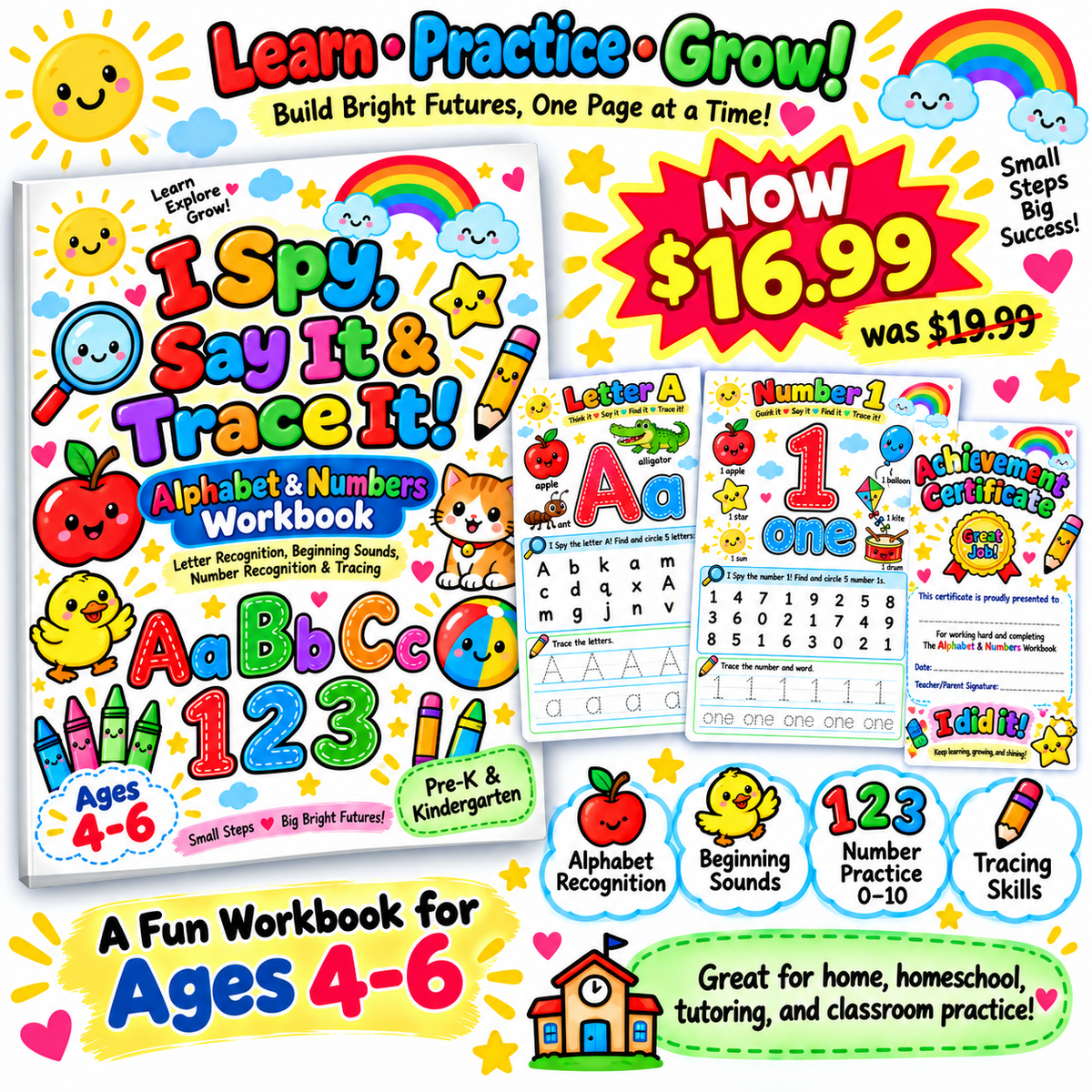 Spy, Say It & Trace It! Alphabet & Numbers Workbook | Ages 4–6