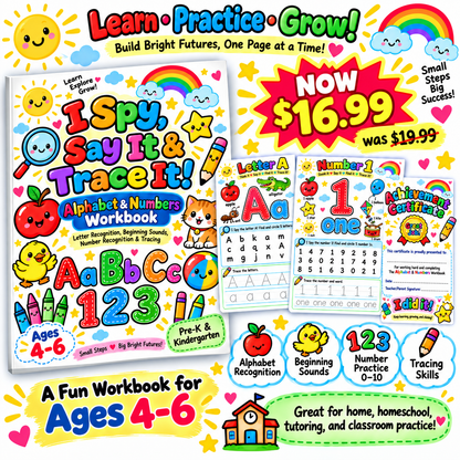 Spy, Say It & Trace It! Alphabet & Numbers Workbook | Ages 4–6