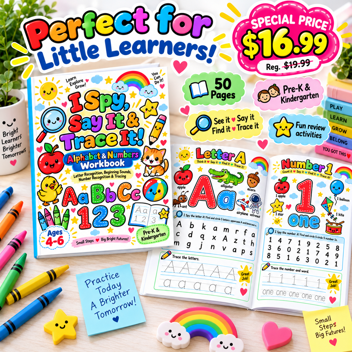 Spy, Say It & Trace It! Alphabet & Numbers Workbook | Ages 4–6